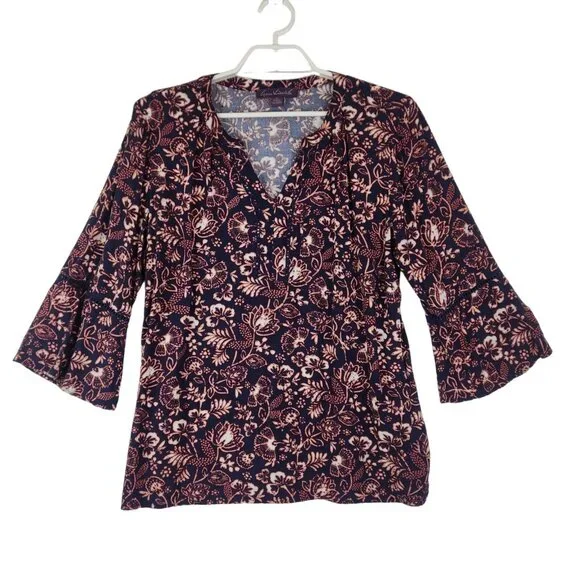 Gloria Vanderbilt Floral Tunic Top M Navy Coral Print, Eyelet Detail, 3/4 Sleeve - Picture 1 of 6